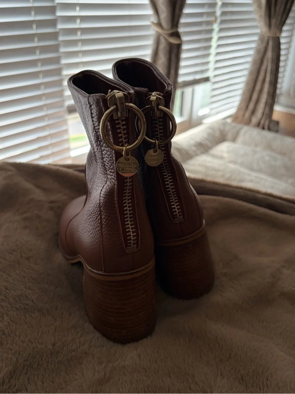 Women's Designer See by Chloe Cognac Brown Leather Block Heel Aryal Ankle Boot